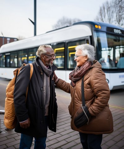 man en vrouw lachen naar elkaar en staan voor bus