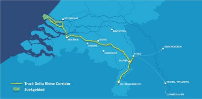 Kaart met het traject van de Delta Rhine Corridor